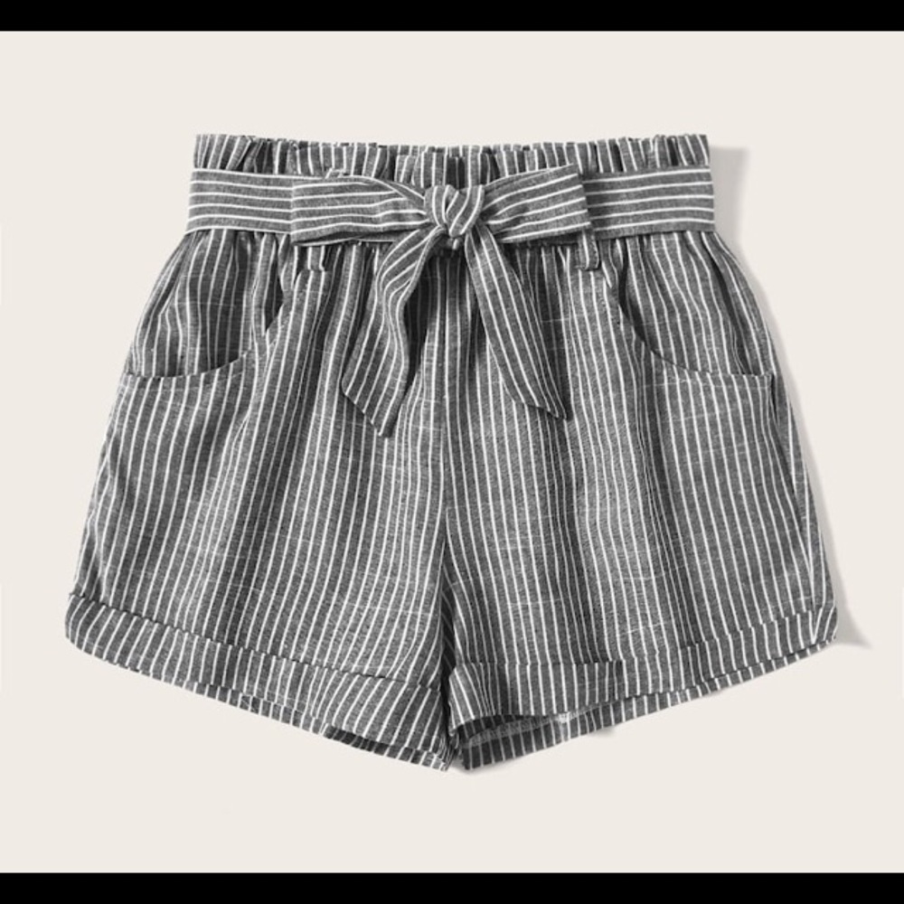 Striped Self Tie Paper Bag Boho Shorts Gray White - Picture 5 of 8
